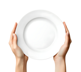 Hands holding an empty white plate isolated on transparent white background, clipping path, pen tool.