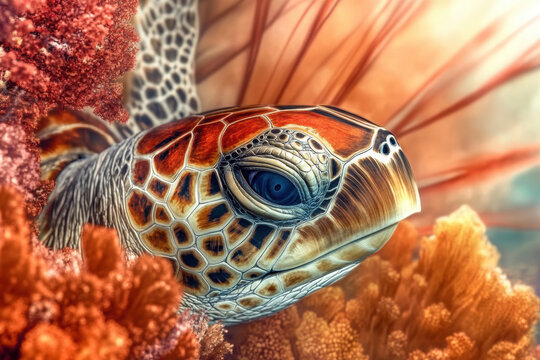 close up of sea turtle with intricate patterns on its shell, surrounded by vibrant coral reefs, showcasing beauty of marine life