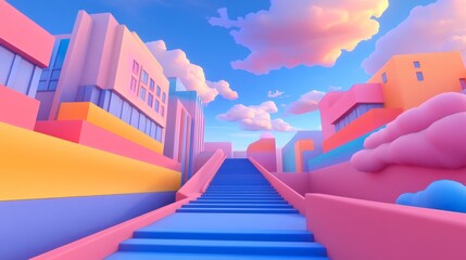 Fototapeta premium Colorful urban landscape with pastel buildings and dramatic clouds during sunset in a vibrant city setting