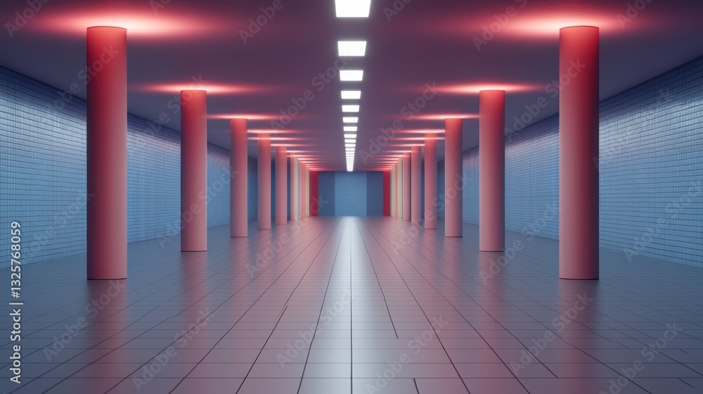 Poster modern corridor with colorful lighting and columns showcasing minimalist design elements in an urban