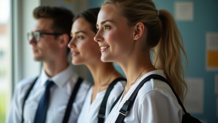 Obraz premium Three students in uniforms standing together, looking out a window.