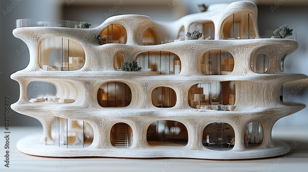 Poster organic architecture model, layered building design with cave-like interiors and translucent panels.