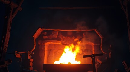 Obraz premium Glowing hearth fire burning bright in a rustic stone fireplace casting warm light in the dark room.