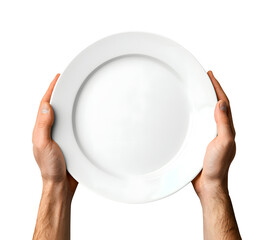 Hands holding an empty white plate isolated on transparent white background, clipping path, pen tool.