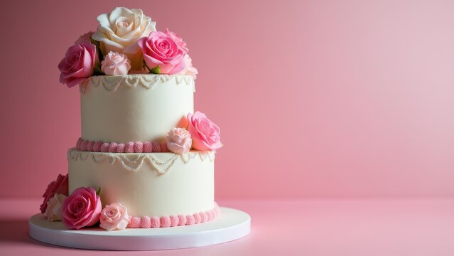 Elegant sweet 16 cake design with pink and white roses on a two-tiered cake against a pink background