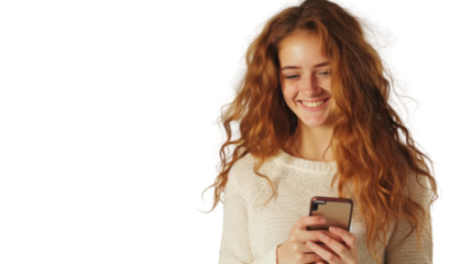 Cheerful redhead woman using smartphone on transparent background