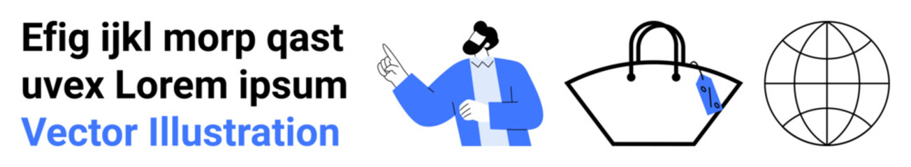Man gesturing in blue attire, large handbag with a tag, and a globe. Ideal for e-commerce, global business, digital marketing, travel, retail, branding flat landing page banner