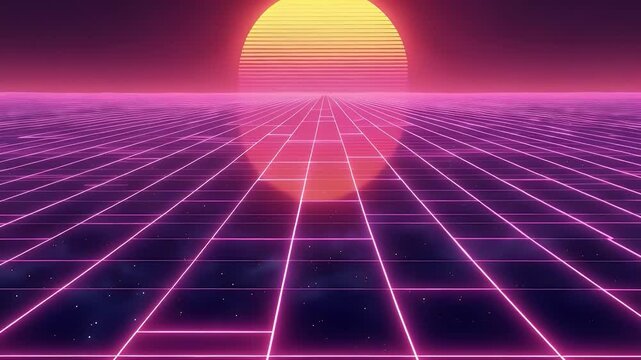 A neon pink and purple retro-futuristic synthwave grid fading into a sunset gradient, evoking nostalgic 80s aesthetics for music cover and poster design.
