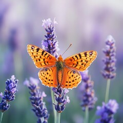 Obraz premium Orange Butterfly Perched on Lavender Flowers in Natural Setting