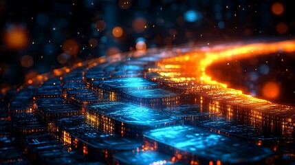 An abstract depiction of exponential growth, with a steep financial chart glowing in neon blue and gold, stacks of coins radiating light along the curve, surrounded by floating binary codes,