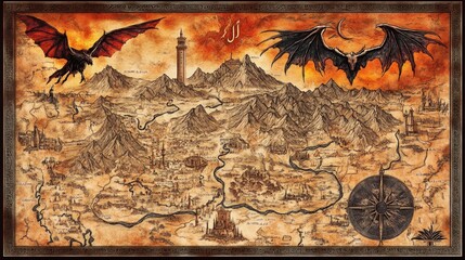 Detailed Antique Map Depicting Mountains Compass Tower And Winged Creatures in Earthy Tones