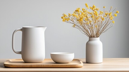 Minimalist table setting featuring a pitcher, bowl, and vase with yellow flowers.