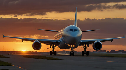 Airplane on the runway during sunset, with vibrant clouds 