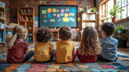 Preschool children watching educational content on a large screen.