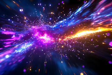 Fototapeta premium Radiant star particles swirling in a mystical, glowing formation, creating a mesmerizing cosmic web in a dark space environment with vivid light effects and motion