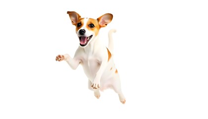 A lively Jack Russell Terrier captured mid-air, joyfully jumping with its ears perked and tail raised, perfect for Happiness day 