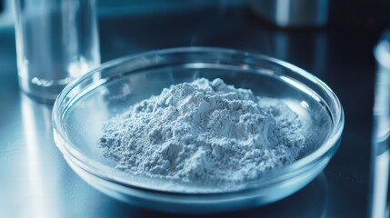 Powder in a Glass Dish: A close-up view of a light-colored powder meticulously arranged within a transparent glass dish, set against the backdrop of a laboratory setting.