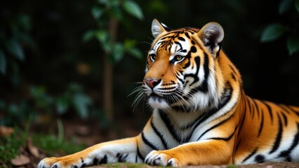 Obraz premium A majestic tiger lying down in a lush, green environment, perfect for a tiger wallpaper.