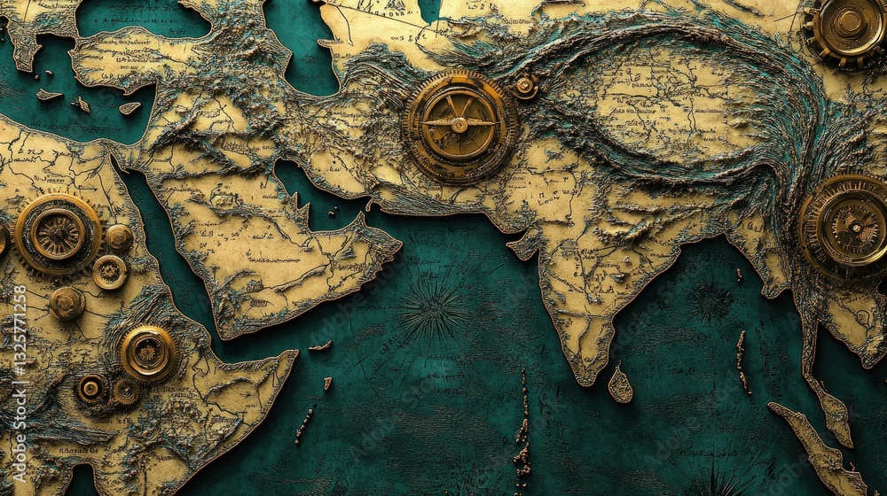 Aufkleber detailed map with gold accents over teal surface showing geography and various round objects on the 