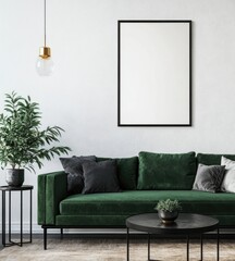Green velvet sofa, black frame mockup, plant, minimalist living room.