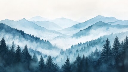 Obraz premium Watercolor of landscape forest misty mountains horizon and fog and hills,pine tree fir tree,Autumn forest background,drawn by hand,Autumn illustration design elements for landscape,wallpaper.
