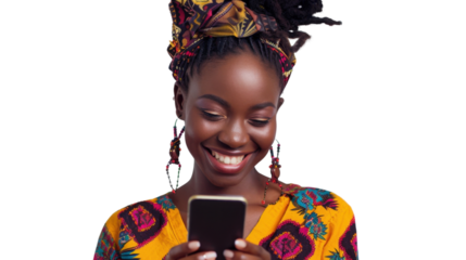 Smiling young woman using smartphone on transparent background