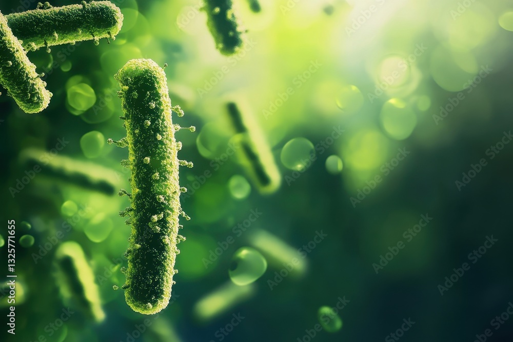 Poster microscopic green rod-shaped bacteria in 3d rendering