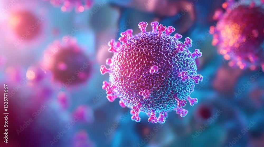 Poster microscopic view of a virus particle pink purple and blue hues detailed 3d rendering