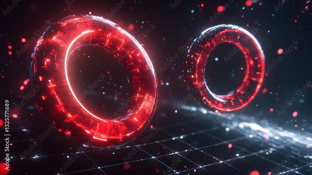 Poster two illuminated red torus shapes floating in a dark space