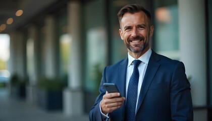 Suave Professional: A sharply dressed, mature man stands confidently in front of a sleek, modern building. Holding a smartphone, he beams with a warm, inviting smile.