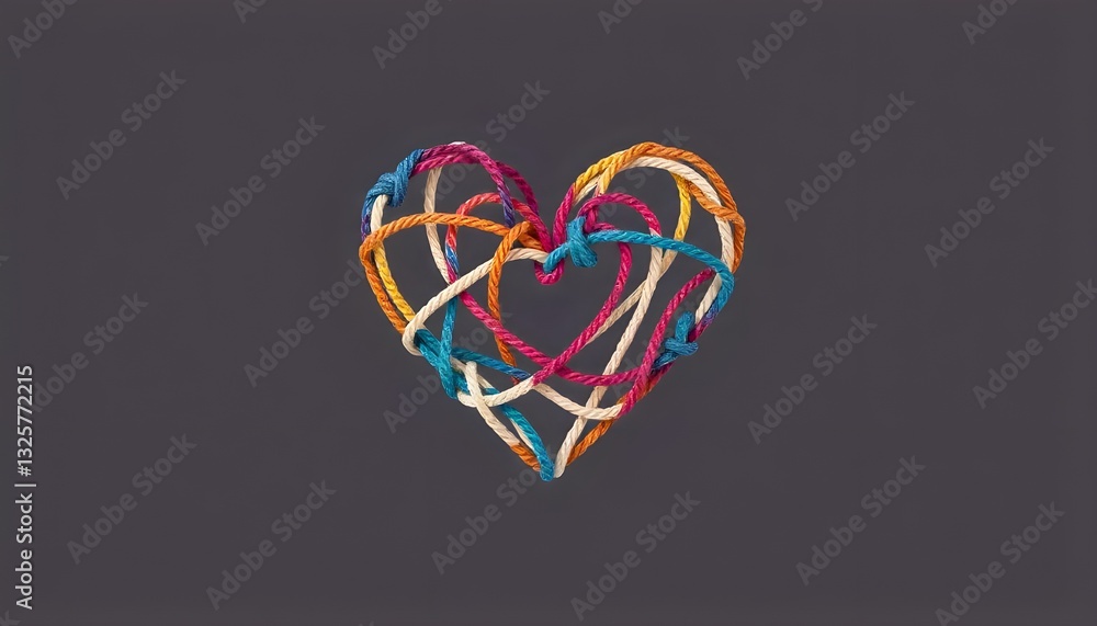 Poster a stylized yarn image of a heart made up of interconnected shapes and colors, perfect for happiness 