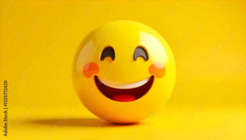 Poster a vibrant 3d rendering of a yellow smiley emoji with a cheerful and radiant expression, perfect for 