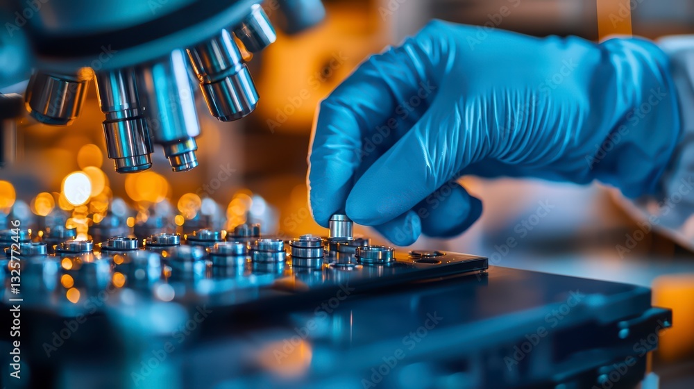 Poster precision in science: close-up of a scientist meticulously adjusting a sample under a microscope, sy