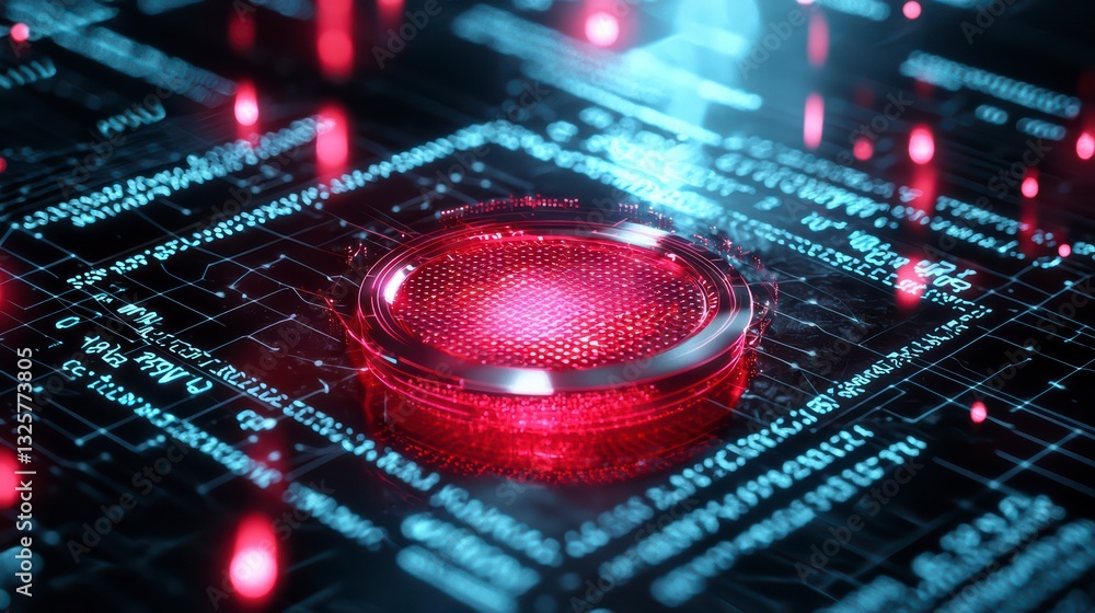 Poster cybernetic core: a close-up view of a glowing red cybernetic core within a complex circuit board, il