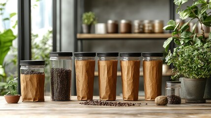 Fototapeta premium Glass jars and kraft paper bags filled with spices on wooden table.