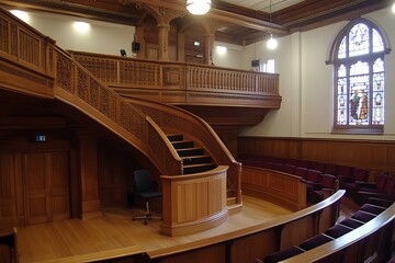 Obraz premium Empty lecture hall with curved staircase and balcony, stained glass window at rear