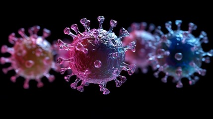 A dynamic illustration of flu virus mutation, multiple virus particles evolving, color-coded changes in their structure, glowing spike proteins, scientific accuracy, soft cinematic depth of field,