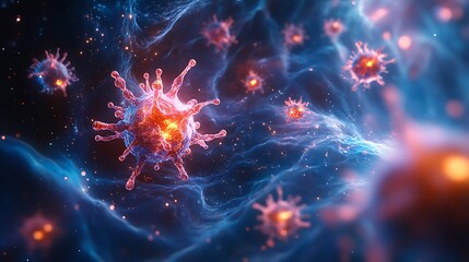 Fototapeta premium A dynamic illustration of flu virus mutation, multiple virus particles evolving, color-coded changes in their structure, glowing spike proteins, scientific accuracy, soft cinematic depth of field,