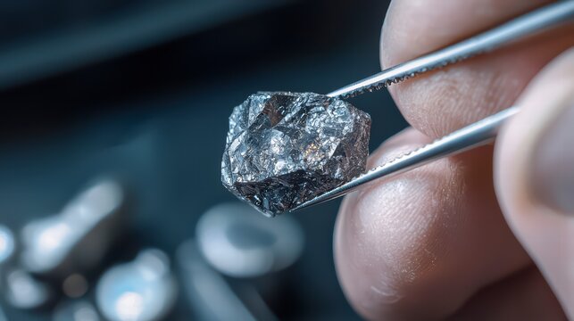 Raw Diamond Close-up: A detailed close-up of a raw, uncut diamond held delicately by a professional, showcasing the intricate textures and natural beauty of the precious stone.