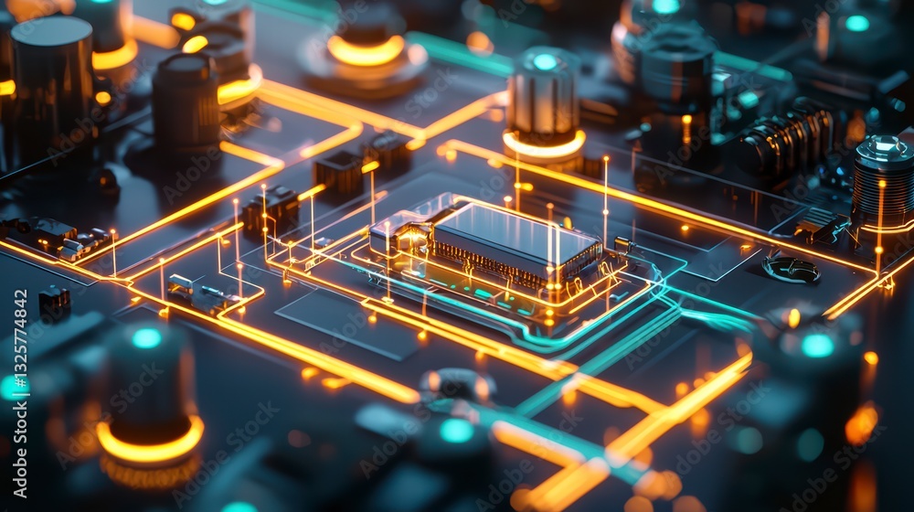 Poster digital circuit: a high-tech, close-up view of an integrated circuit, showcasing the intricate desig