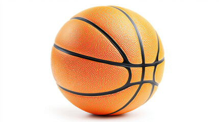 A close-up view of a textured basketball showcasing its orange color and black seams against a white background.