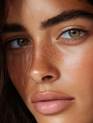 Fototapeta premium A close-up of a woman's face showcasing natural beauty, highlighted by striking green eyes and soft features with freckles.