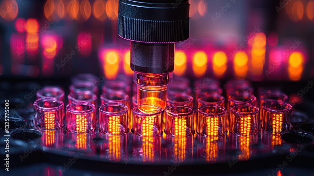 Poster automated lab equipment analyzing samples in vials.