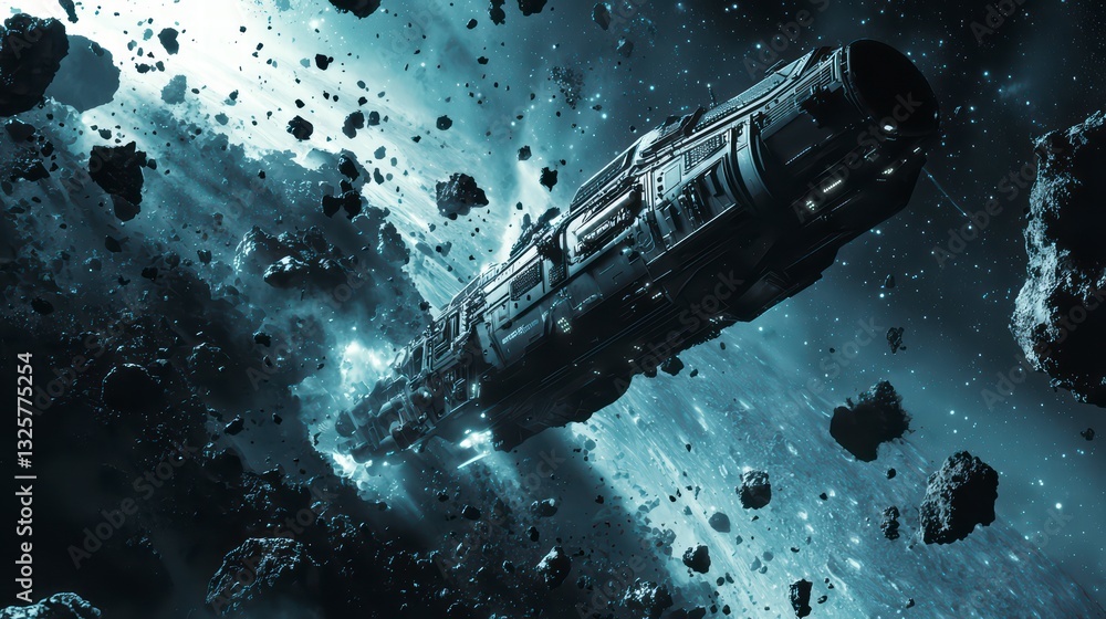 Poster spaceship navigating asteroid field: a futuristic spaceship ventures through a dense asteroid field 