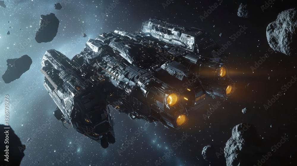 Poster spaceship in asteroid field: an awe-inspiring spaceship navigates a hazardous asteroid field, its po