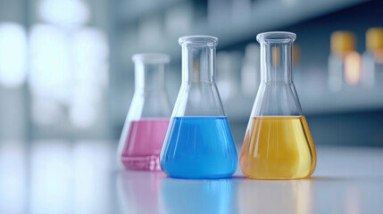 Colorful glass flasks filled with liquids sit on a laboratory surface, showcasing vibrant pink, blue, and yellow solutions against a blurred background.