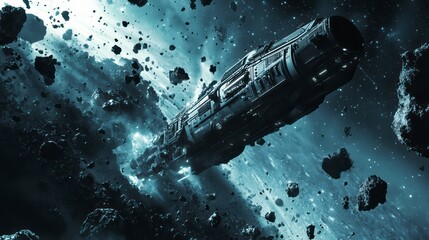 Naklejka premium Spaceship Navigating Asteroid Field: A futuristic spaceship ventures through a dense asteroid field in the vastness of space, showcasing the courage and innovation required for space exploration