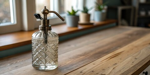Vintage Glass Cleaner Dispenser, Dutch Angle, Flat Lay, Wooden Texture, Clean Product Photography