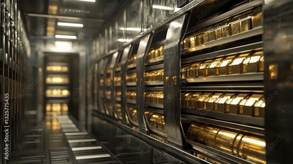 Poster golden reserve: a dazzling display of gold bars neatly stacked in a secure vault, evoking a sense of
