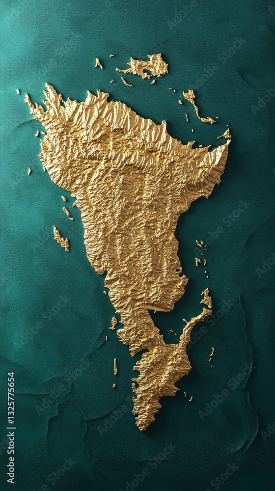 Poster golden map on teal textured background with textured details. dramatic lighting and abstract design